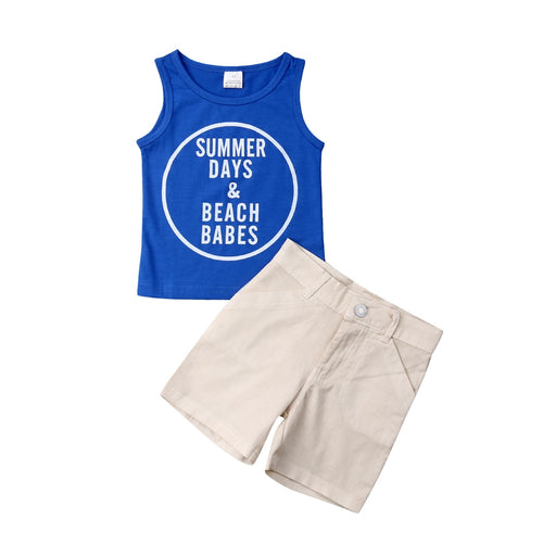 2Pcs  Boy Shirt Print Blue Tops T shirt+Shorts Outfits Set Pants Size 1-4Y